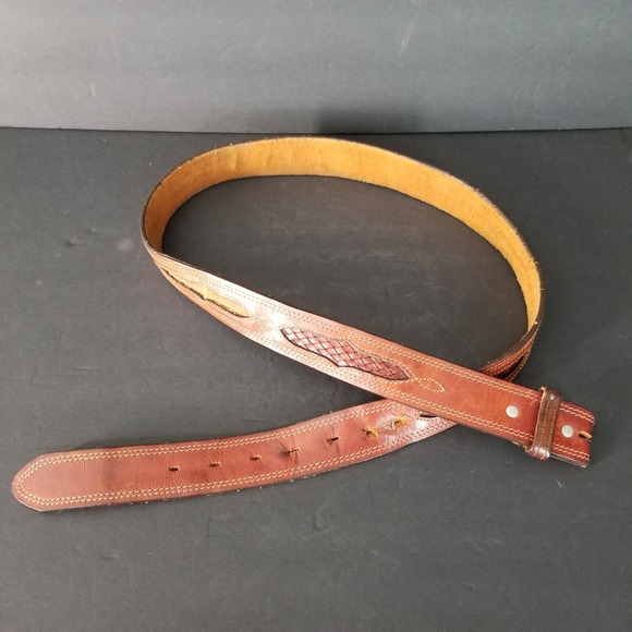 Other - Vintage Brown Leather Basketweave Inlay Western Belt‎ Snap Closure 46.5 Inch